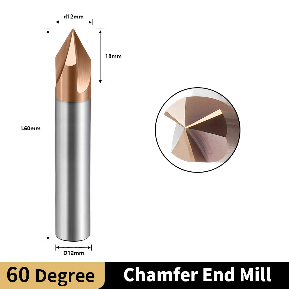Carbide Chamfer End Mills 3 Flute TiSiN Coating V Groove for Different Material Like Steel Copper Alloy. (D12*60L*3F*60°)