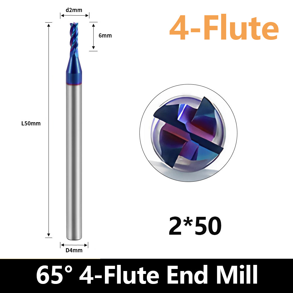 HRC65 Carbide Square End Mills-4 Flute TiSiN Coated for Milling Alloy Steels, Hardened Steel, Metal etc.size D2x50mm