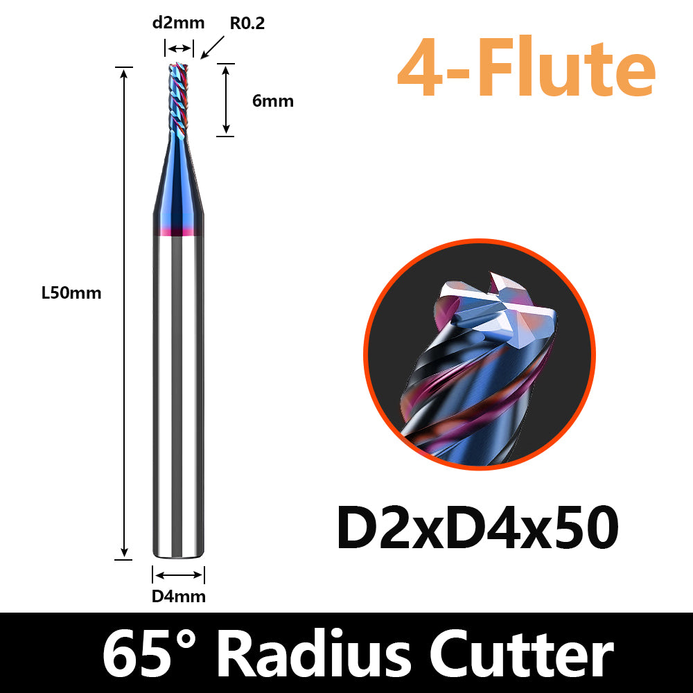 HRC65 Carbide Corner Radius End Mill 4 Flute TiAlSiN for Alloy Steel,Cast Iorn,Cooper Alloy etc. (D2R0.2*D4*50mm)