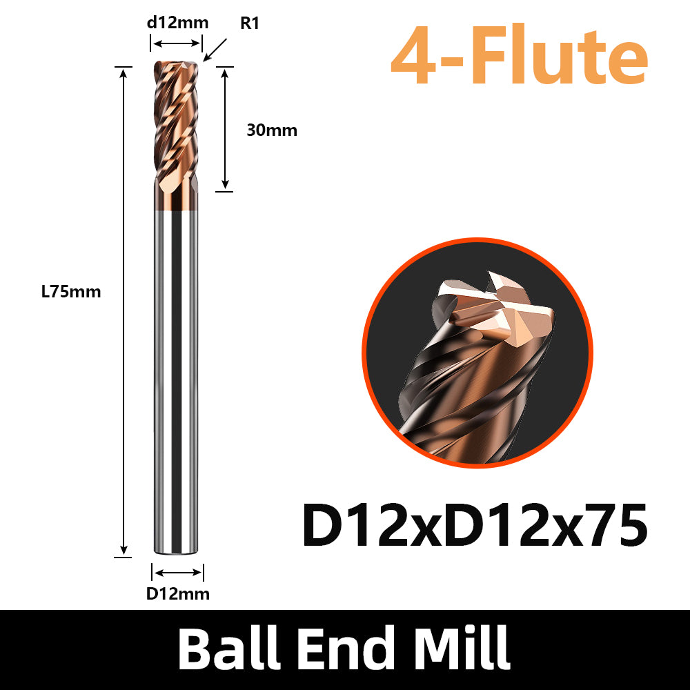 HRC55 Carbide Corner Radius End Mill 4 Flute TiAlSiN for Alloy Steel,Cast Iorn,Cooper Alloy etc.size D12xR1x75mm
