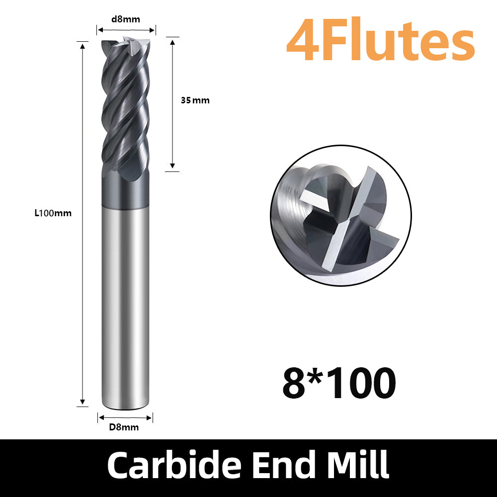 HRC60 Carbide Square End Mills-4 Flute TiSiN Coated for Milling Alloy Steels, Hardened Steel, Metal etc.size D8x100mm