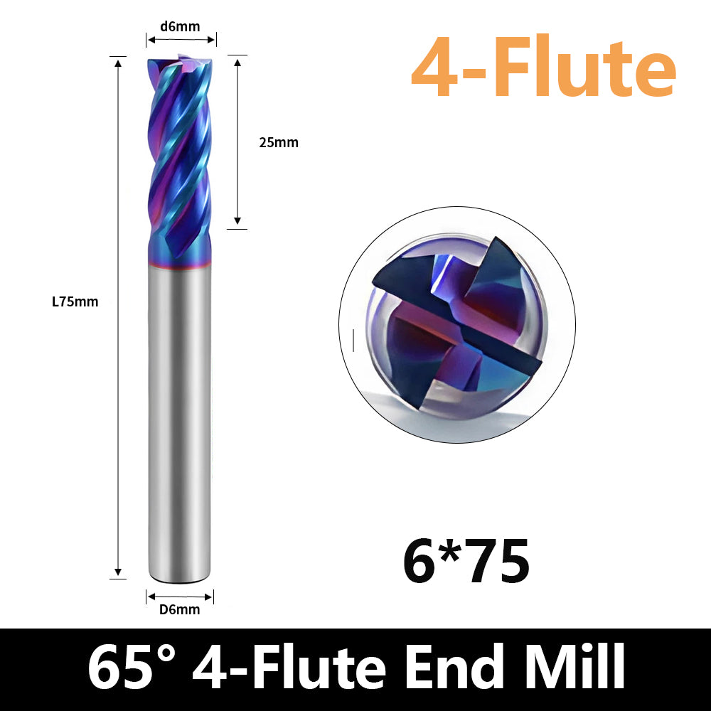HRC65 Carbide Square End Mills-4 Flute TiSiN Coated for Milling Alloy Steels, Hardened Steel, Metal etc.size D6x75mm