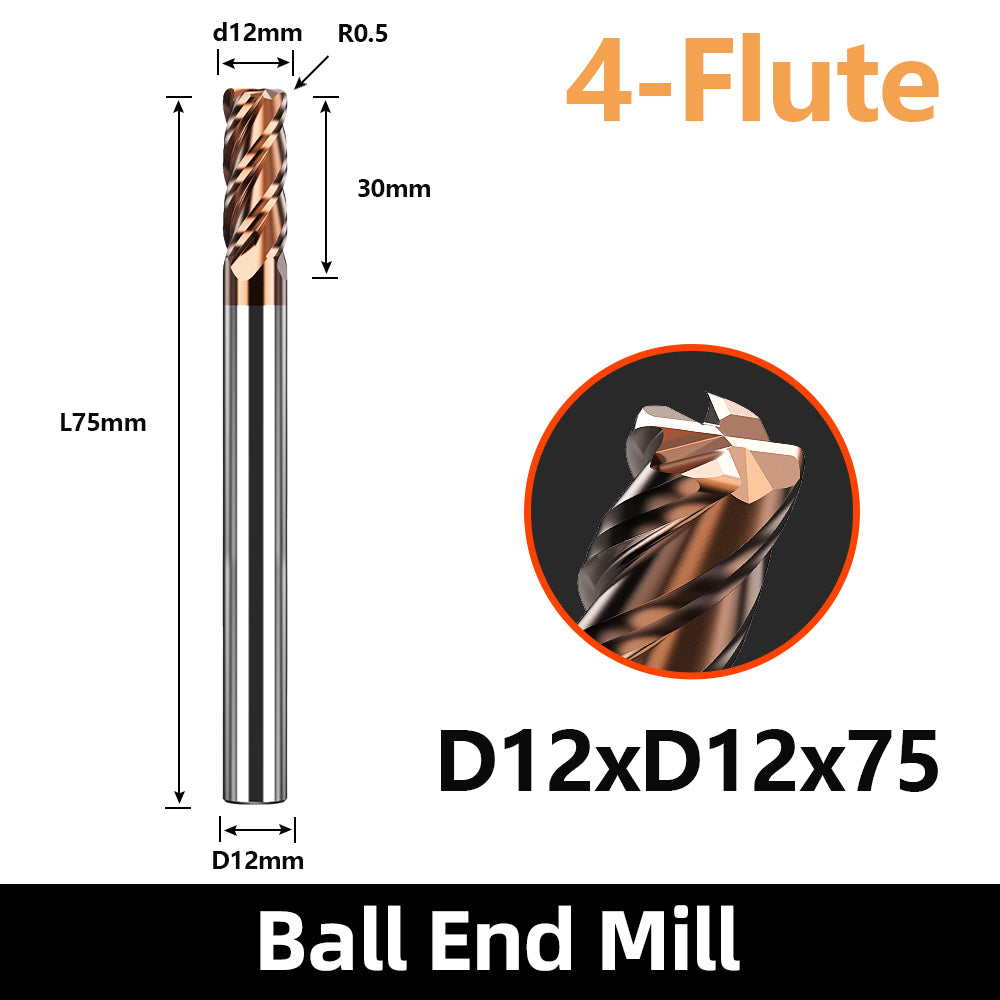 HRC55 Carbide Corner Radius End Mill 4 Flute TiAlSiN for Alloy Steel,Cast Iorn,Cooper Alloy etc.size D12xR0.5x75mm