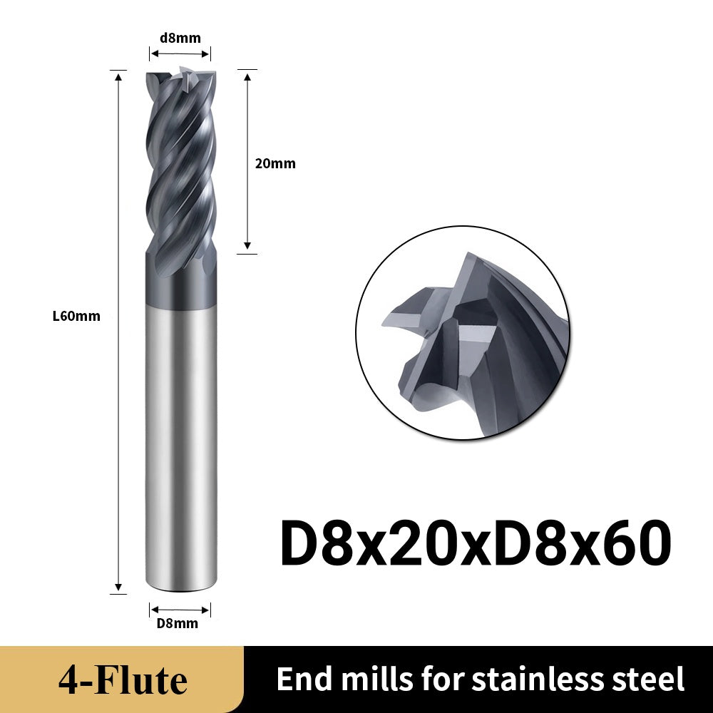 Carbide Unequal Helix End Mills for Stainless Steel-4 Flute TiALSiN Coated,For Milling Alloy Steels, Hardened Steel, Metal etc. (D8*20*D8*60L*4F)