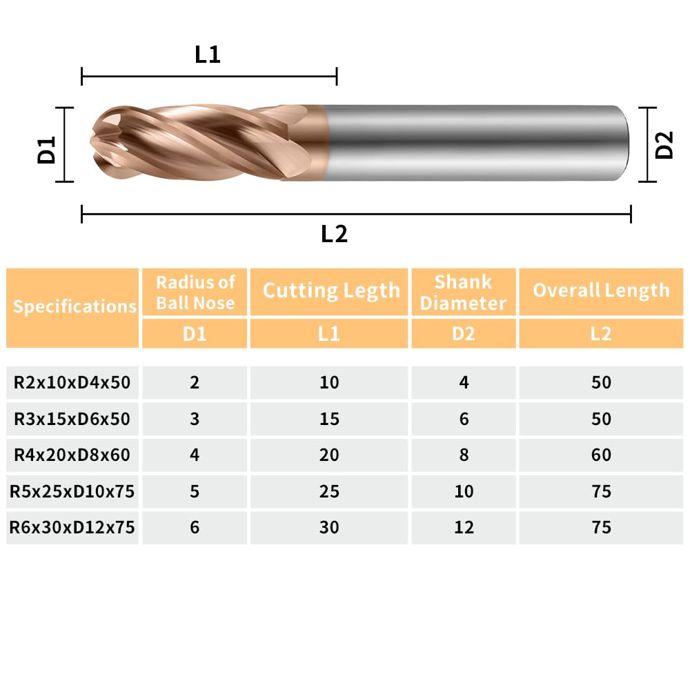 HRC55 Carbide Ball Nose End Mills-4 Flute TISIN Coated,for Milling Alloy Steels, Hardened Steel, Metal etc. (R3*15*D6*50mm)