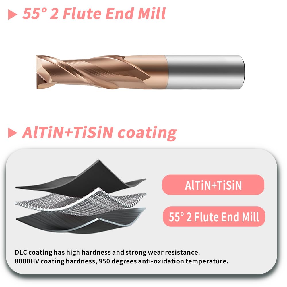 (D1-D20)HRC55 Carbide Square End Mills-2 Flute TiSiN Coated,for Milling Alloy Steels, Hardened Steel, Metal etc.
