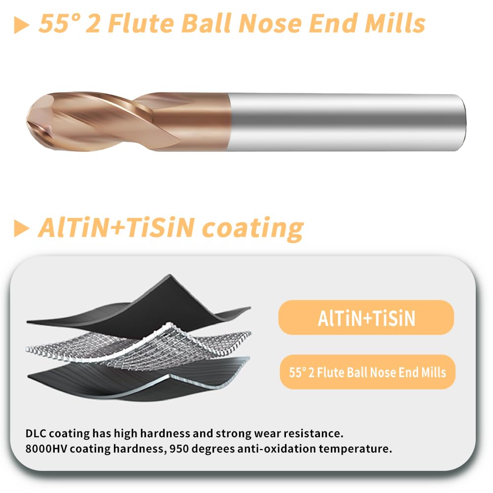 HRC55 Carbide Ball Nose End Mills-2 Flute TISIN Coated,For Milling Alloy Steels, Hardened Steel, Metal etc.size R9x150mm