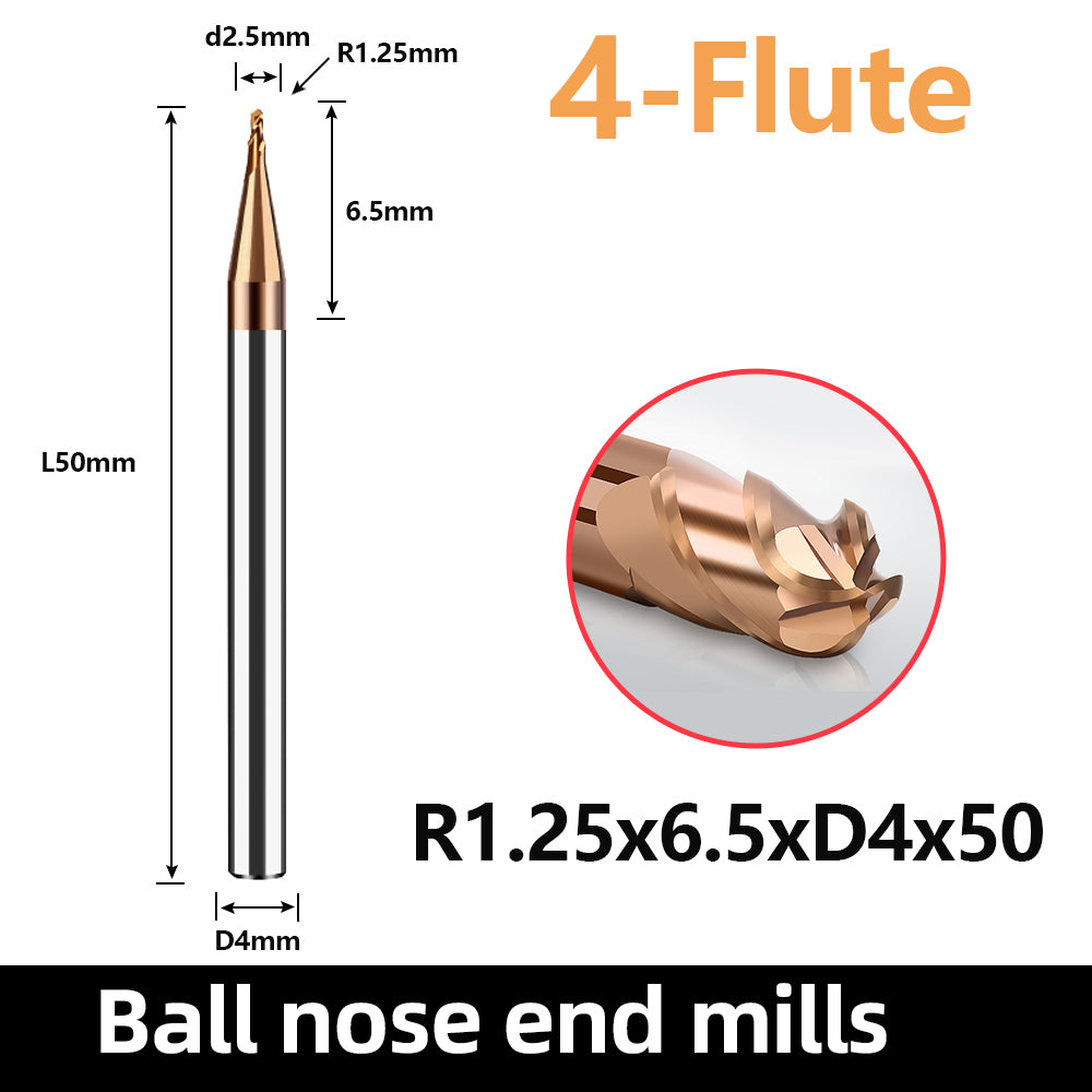 Solid carbide ball nose end mill HRC55, 4 flutes,R0.75-R6,CNC cutting tool for cast iron and general steel