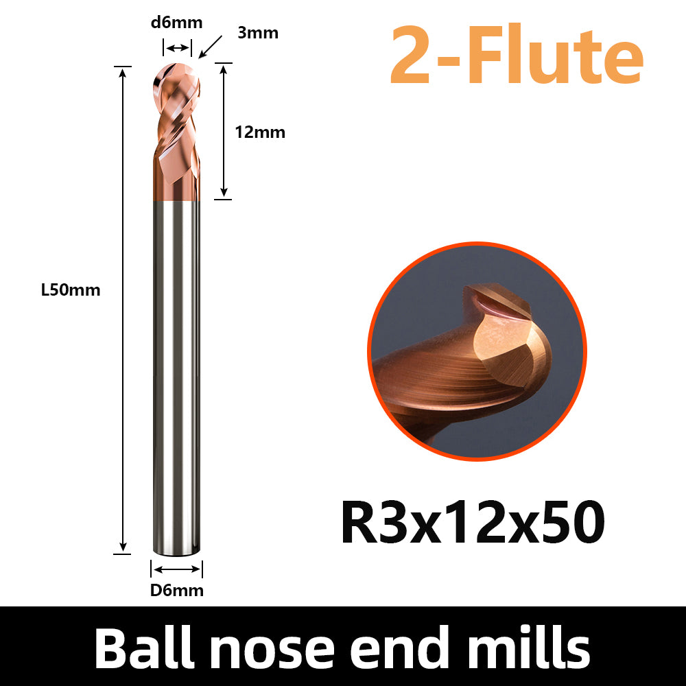 HRC55 Carbide Ball Nose End Mills-2 Flute TISIN Coated,For Milling Alloy Steels, Hardened Steel, Metal etc.size R3x50mm