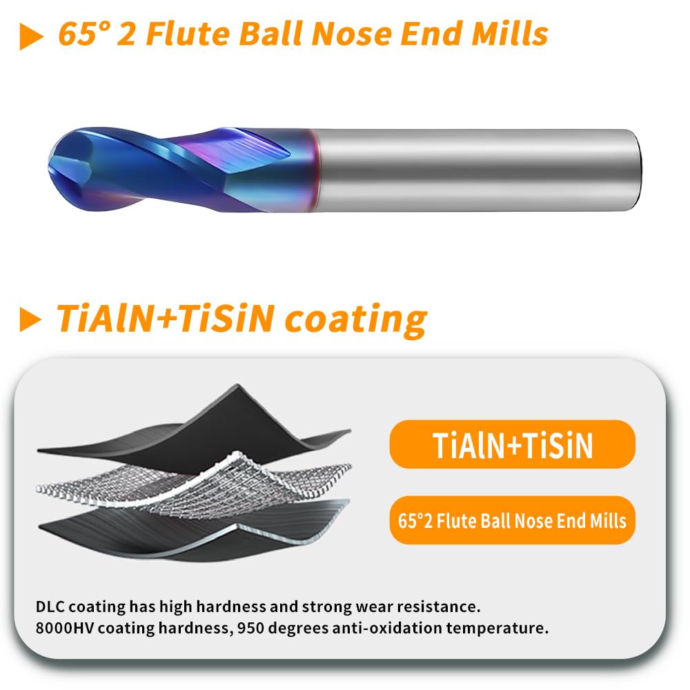HRC65 Carbide Ball Nose End Mills-2 Flute TISIN Coated,For Milling Alloy Steels, Hardened Steel, Metal etc.size R3x75mm