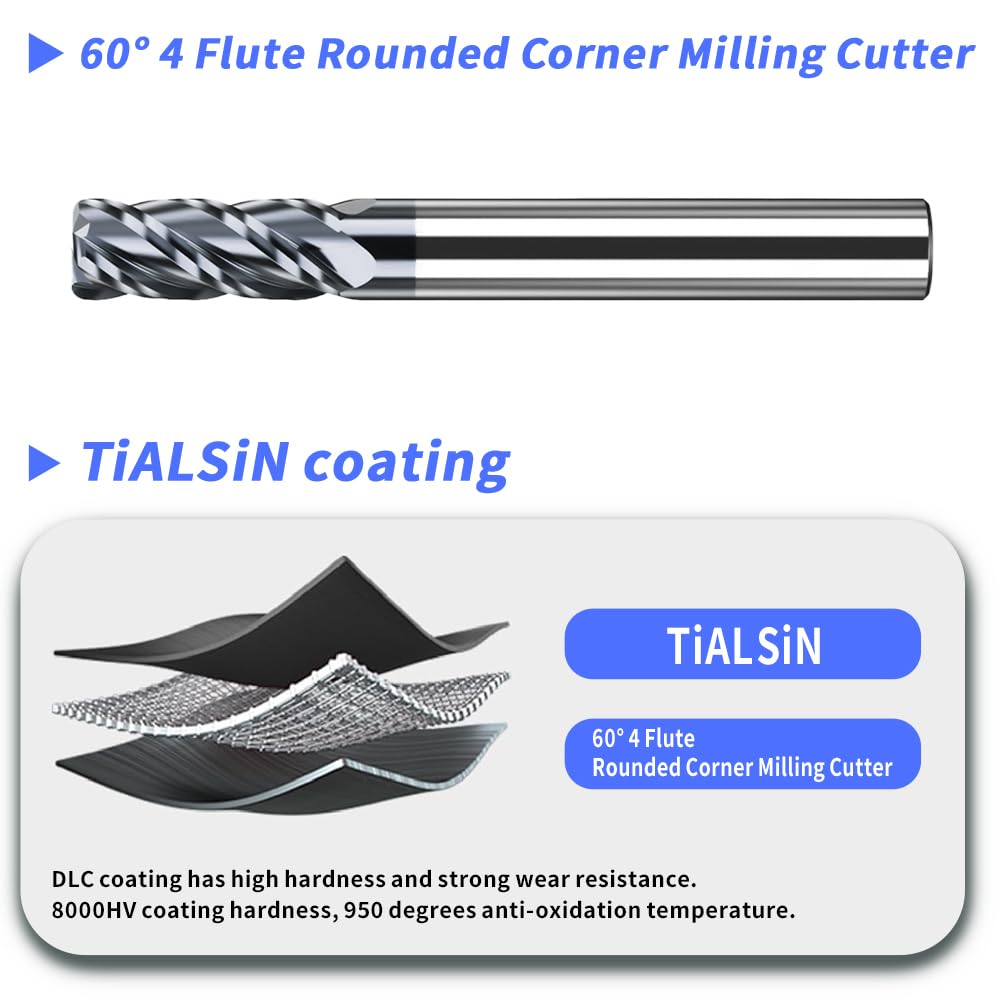 HRC60 Carbide Corner Radius End Mill 4 Flute TiAlSiN for Alloy Steel,Cast Iorn,Cooper Alloy etc.size D3xR0.2x50mm
