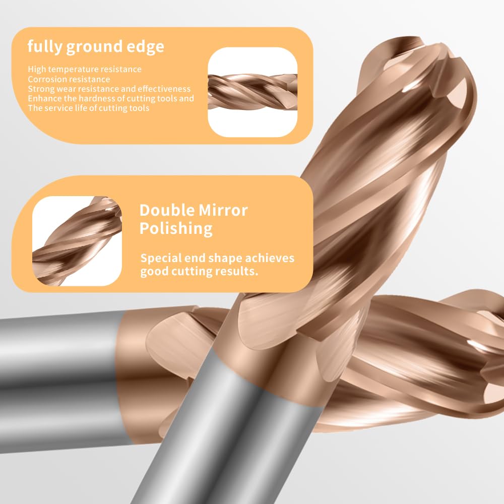 HRC55 Carbide Ball Nose End Mills-4 Flute TISIN Coated,for Milling Alloy Steels, Hardened Steel, Metal etc. (R4*20*D8*60mm)