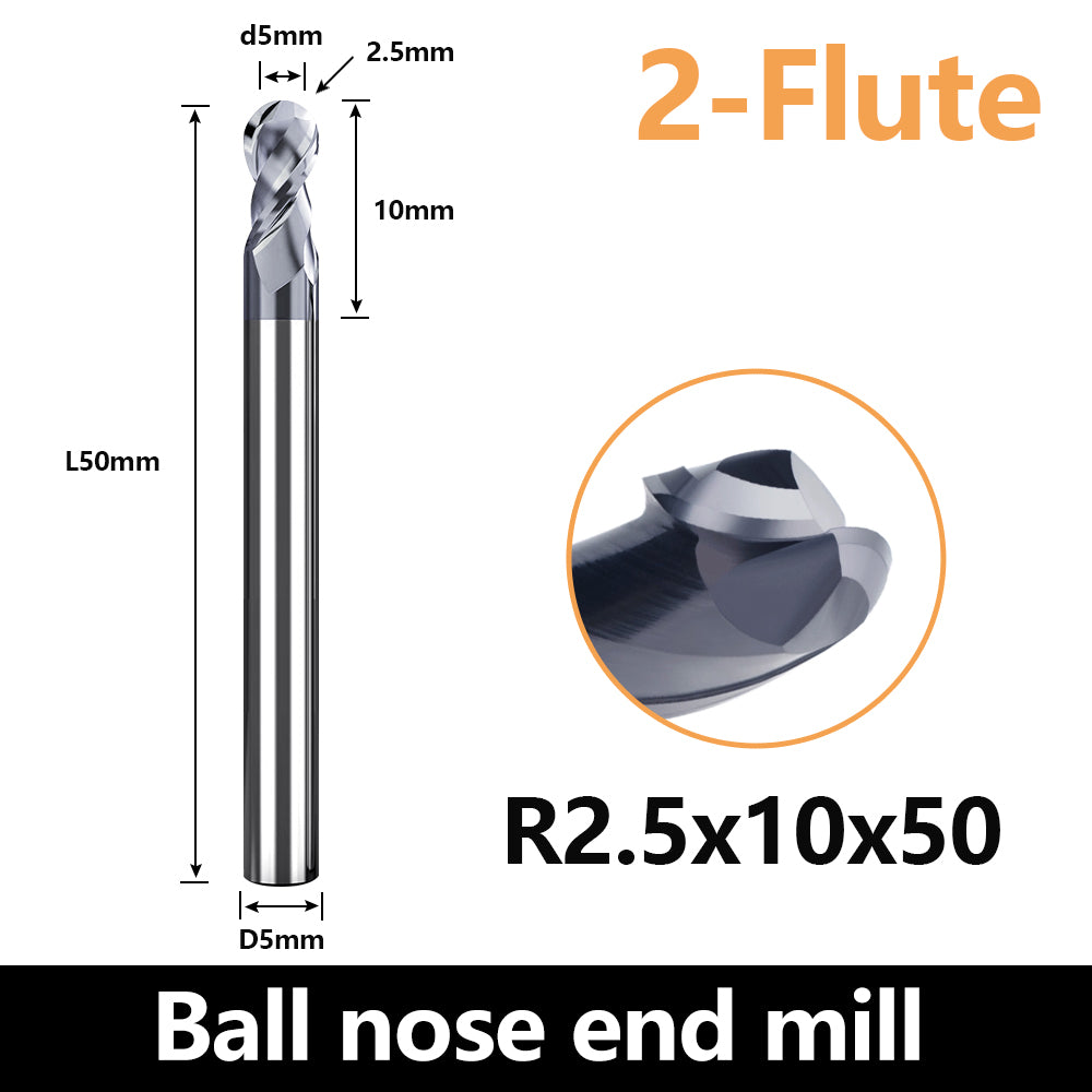 HRC60 Carbide Ball Nose End Mills-2 Flute TISIN Coated,For Milling Alloy Steels, Hardened Steel, Metal etc.size R2.5x50mm