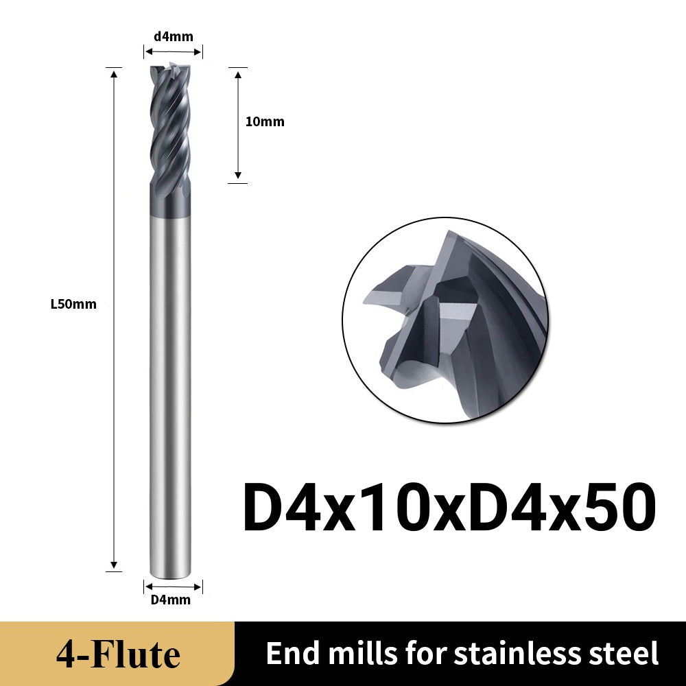 Carbide Unequal Helix End Mills for Stainless Steel-4 Flute TiALSiN Coated,For Milling Alloy Steels, Hardened Steel, Metal etc. (D4*10*D4*50L*4F)