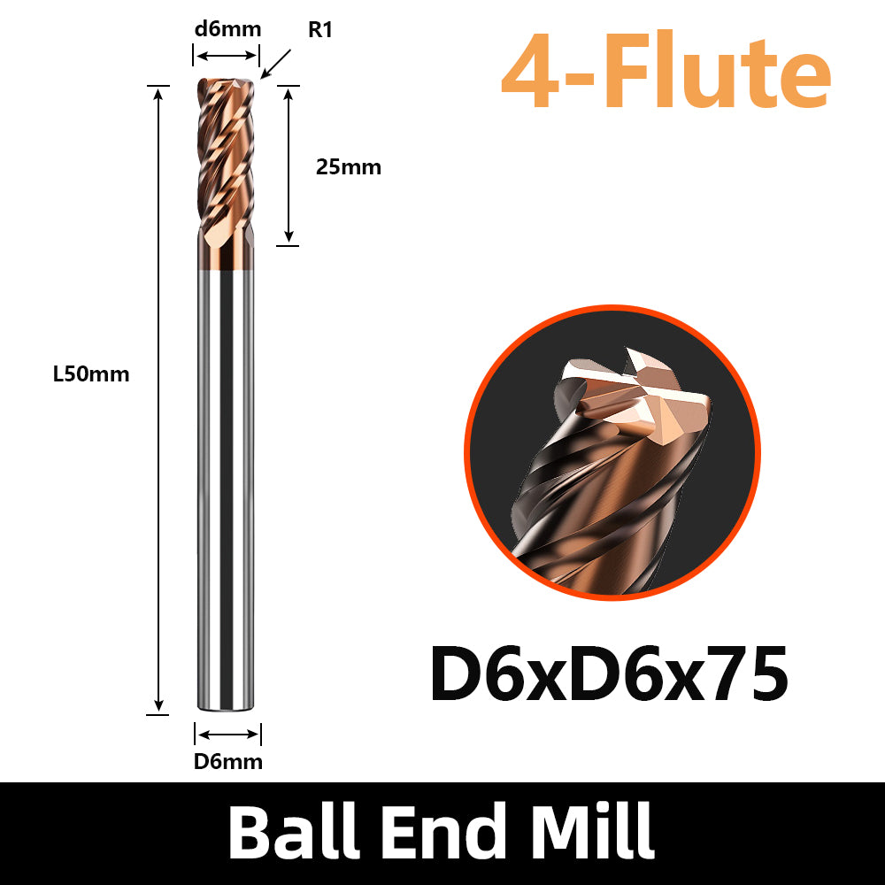 HRC55 Carbide Corner Radius End Mill 4 Flute TiAlSiN for Alloy Steel,Cast Iorn,Cooper Alloy etc.size D6xR1x75mm
