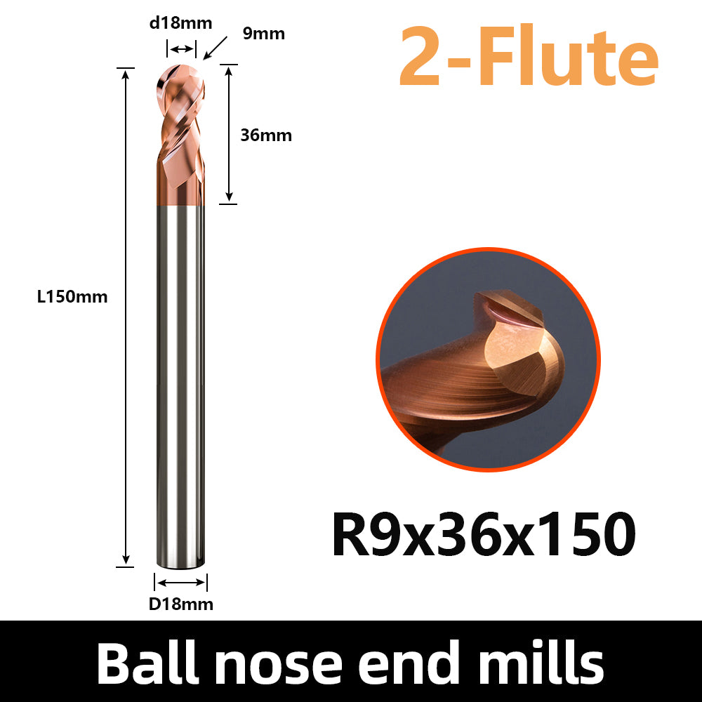 HRC55 Carbide Ball Nose End Mills-2 Flute TISIN Coated,For Milling Alloy Steels, Hardened Steel, Metal etc.size R9x150mm