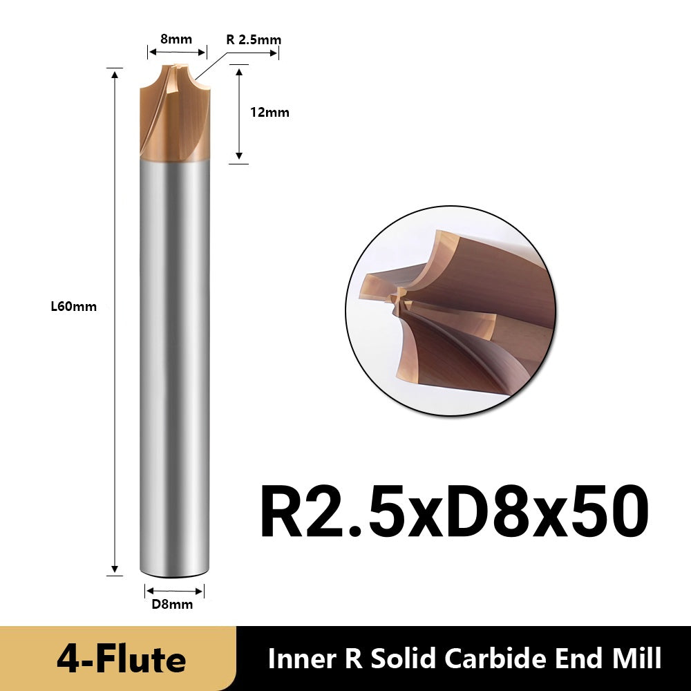 Carbide Radius Corner Rounding Inner R End Mills 4 Flute TiSiN Coated,for Milling Alloy Steels,Hardened Steel, Metal. (R2.5*12*D8*60L*4F)