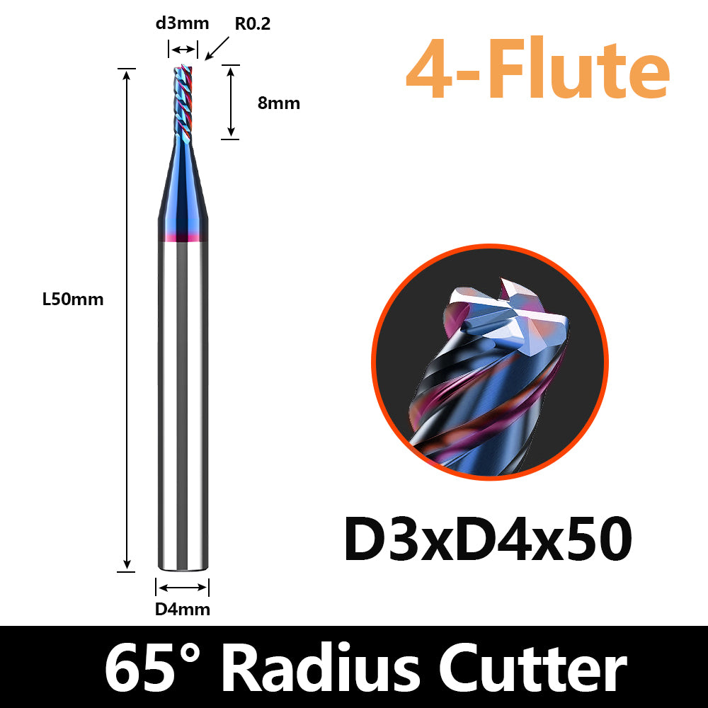 HRC65 Carbide Corner Radius End Mill 4 Flute TiAlSiN for Alloy Steel,Cast Iorn,Cooper Alloy etc. (D3R0.2*D4*50mm)