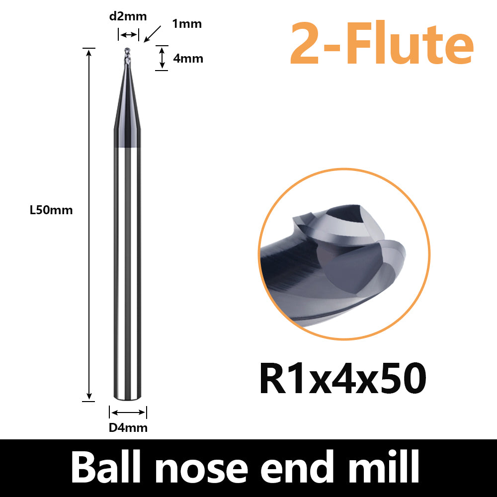 HRC60 Carbide Ball Nose End Mills-2 Flute TISIN Coated,For Milling Alloy Steels, Hardened Steel, Metal etc.size R1x50mm