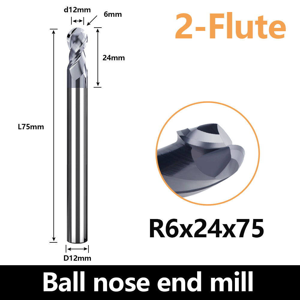 (R0.5-R6)HRC60 Carbide Ball Nose End Mills-2 Flute TISIN Coated,For Milling Alloy Steels, Hardened Steel, Metal etc.size