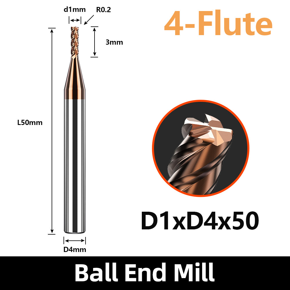 HRC55 Carbide Corner Radius End Mill 4 Flute TiAlSiN for Alloy Steel,Cast Iorn,Cooper Alloy etc.size D1xR0.2x50mm
