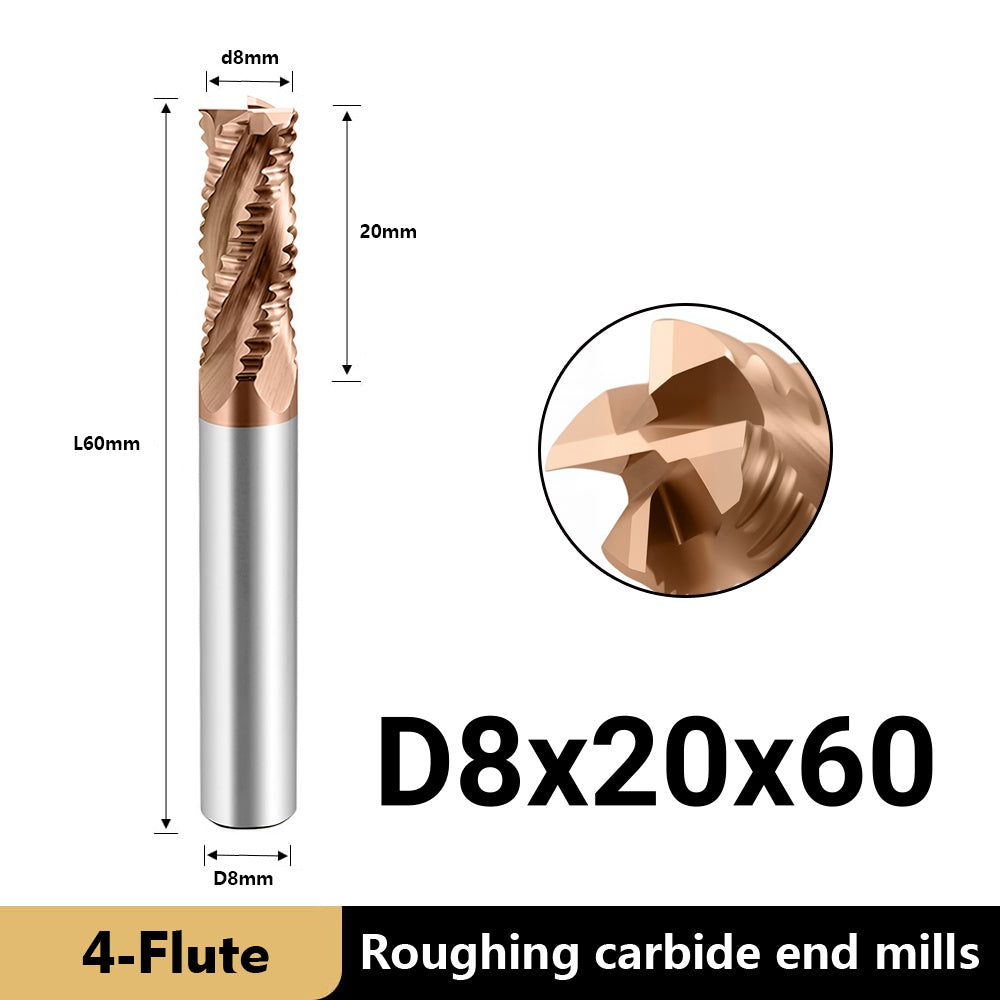 Carbide Roughing End Mills - 4 Flute TISIN Coated,for Milling Alloy Steels, Hardened Steel,Metal. (D8*60mm)