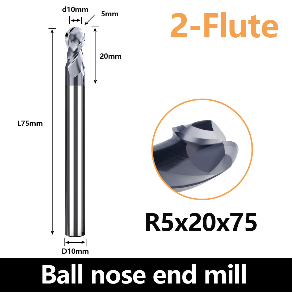 HRC60 Carbide Ball Nose End Mills-2 Flute TISIN Coated,For Milling Alloy Steels, Hardened Steel, Metal etc.size R5x75mm
