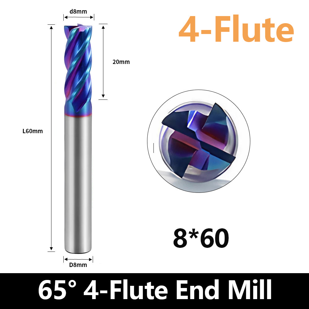 HRC65 Carbide Square End Mills-4 Flute TiSiN Coated for Milling Alloy Steels, Hardened Steel, Metal etc.size D8x60mm