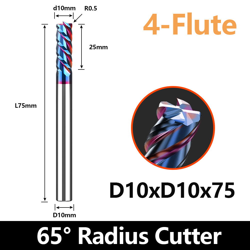 HRC65 Carbide Corner Radius End Mill 4 Flute TiAlSiN for Alloy Steel,Cast Iorn,Cooper Alloy etc. (D10R0.5*D10*75mm)