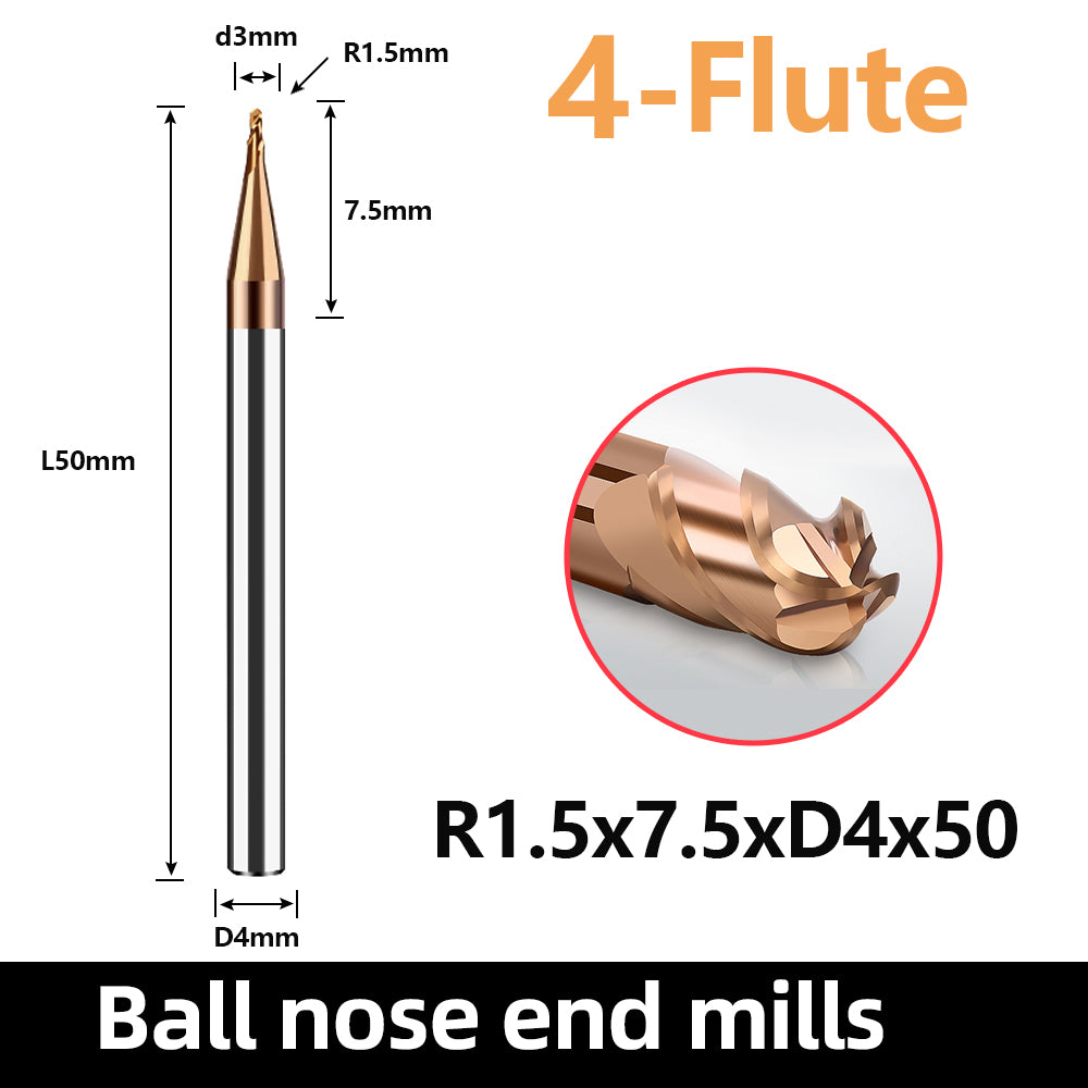 Solid carbide ball nose end mill HRC55, 4 flutes,R0.75-R6,CNC cutting tool for cast iron and general steel