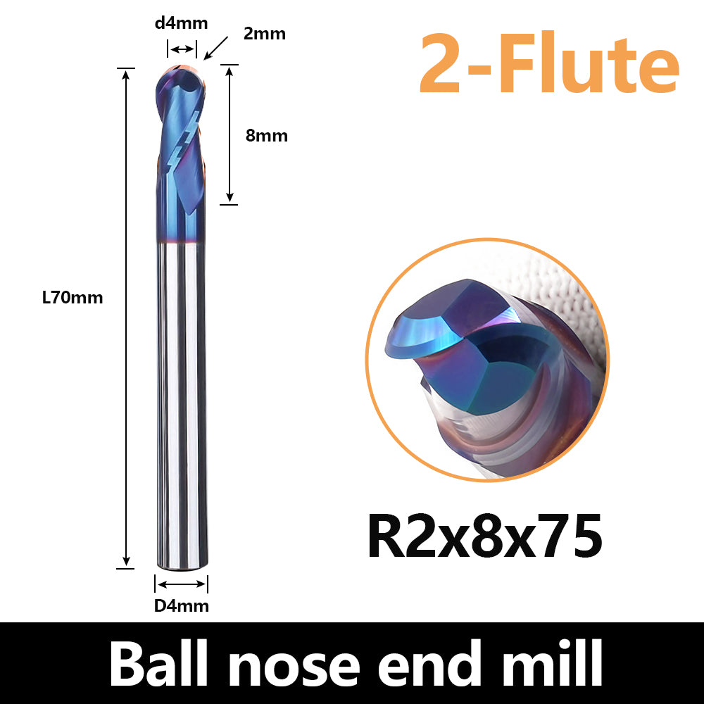 HRC65 Carbide Ball Nose End Mills-2 Flute TISIN Coated,For Milling Alloy Steels, Hardened Steel, Metal etc.size R2x75mm