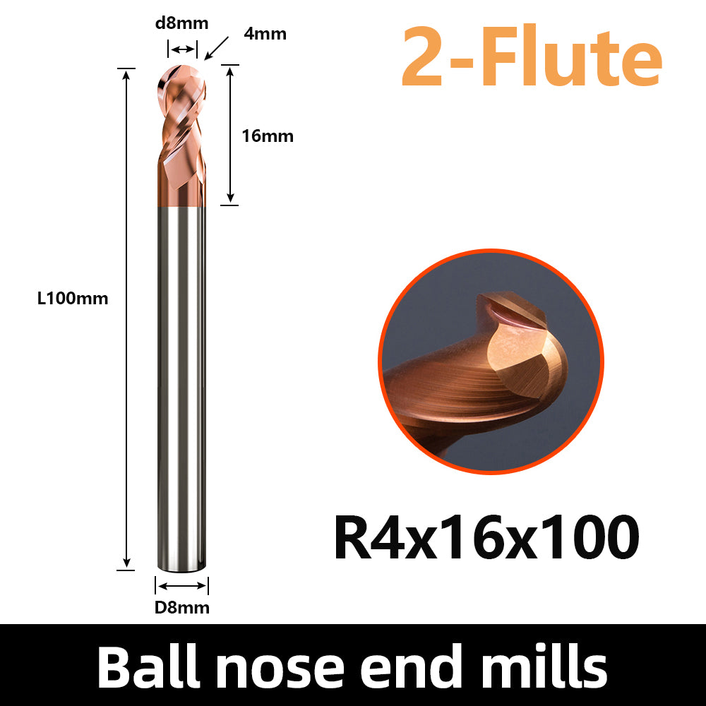 HRC55 Carbide Ball Nose End Mills-2 Flute TISIN Coated,For Milling Alloy Steels, Hardened Steel, Metal etc.size R4x100mm