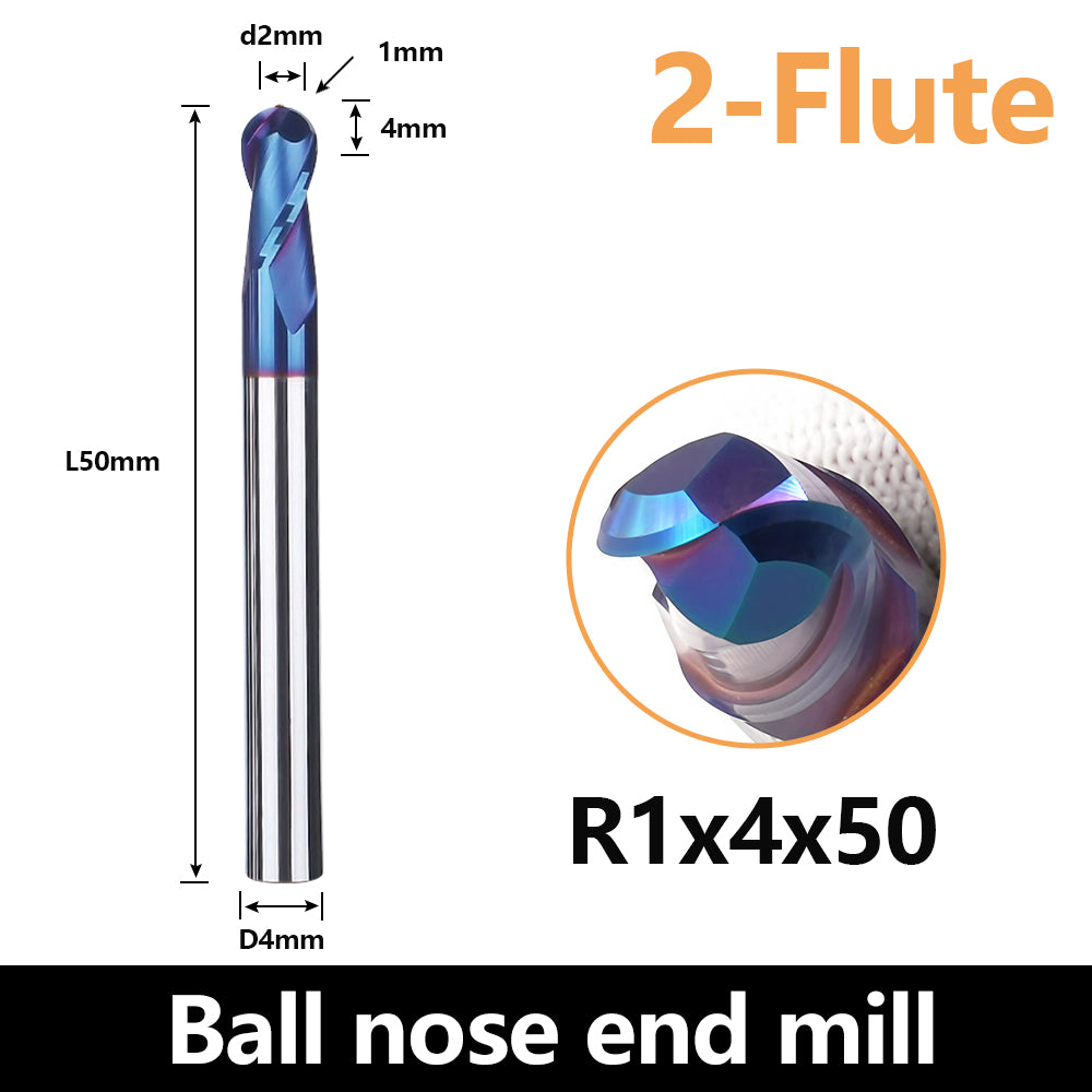 HRC65 Carbide Ball Nose End Mills-2 Flute TISIN Coated,For Milling Alloy Steels, Hardened Steel, Metal etc.size R1x50mm