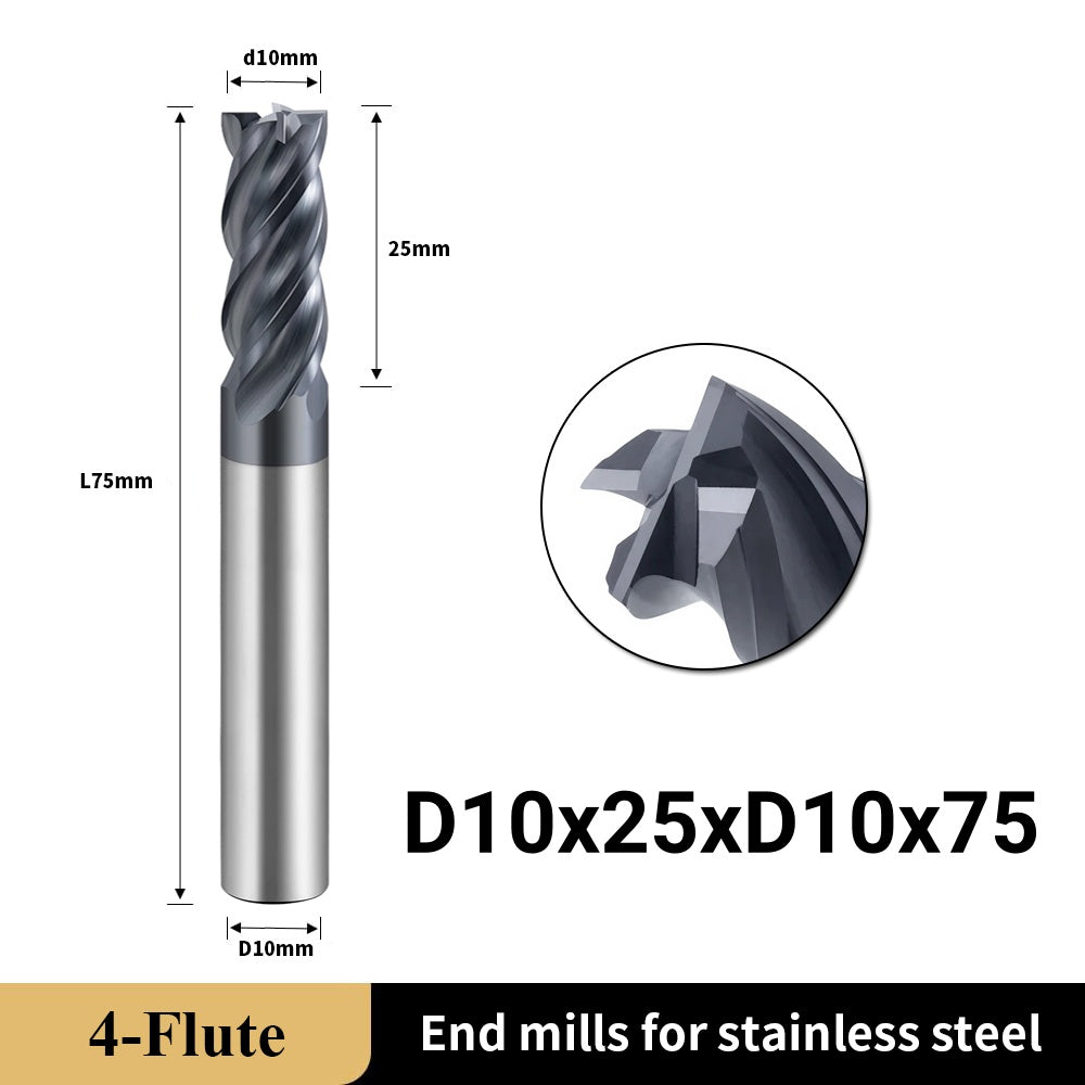Carbide Unequal Helix End Mills for Stainless Steel-4 Flute TiALSiN Coated,For Milling Alloy Steels, Hardened Steel, Metal etc. (D10*25*D10*75L*4F)