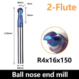 HRC65 Carbide Ball Nose End Mills-2 Flute TISIN Coated,For Milling Alloy Steels, Hardened Steel, Metal etc.size R4x150mm