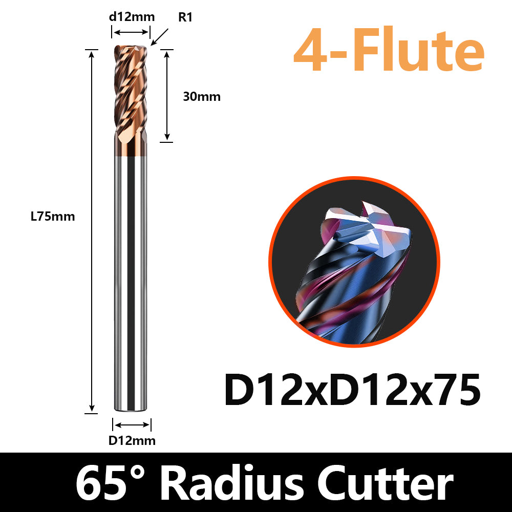HRC65 Carbide Corner Radius End Mill 4 Flute TiAlSiN for Alloy Steel,Cast Iorn,Cooper Alloy etc. (D12R1*D12*75mm)