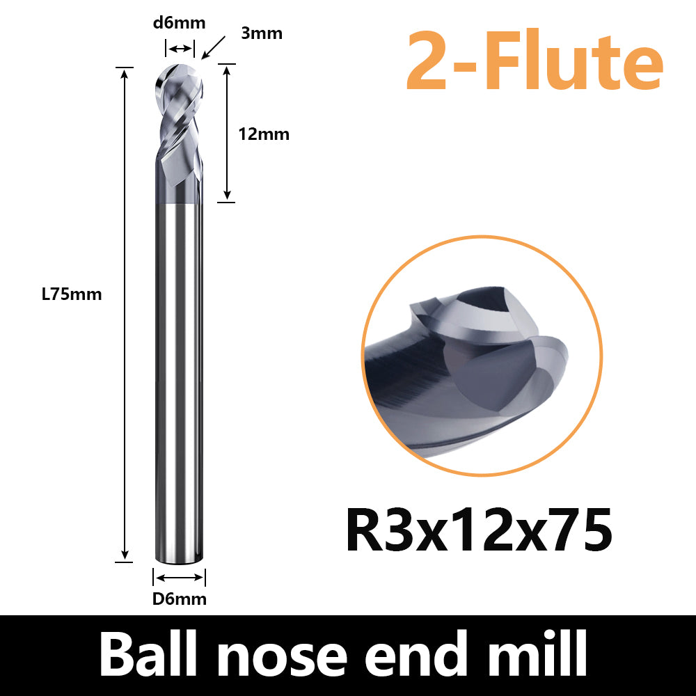 HRC60 Carbide Ball Nose End Mills-2 Flute TISIN Coated,For Milling Alloy Steels, Hardened Steel, Metal etc.size R3x75mm