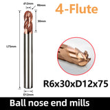 HRC55 Carbide Ball Nose End Mills-4 Flute TISIN Coated,for Milling Alloy Steels, Hardened Steel, Metal etc. (R6*30*D12*75mm)