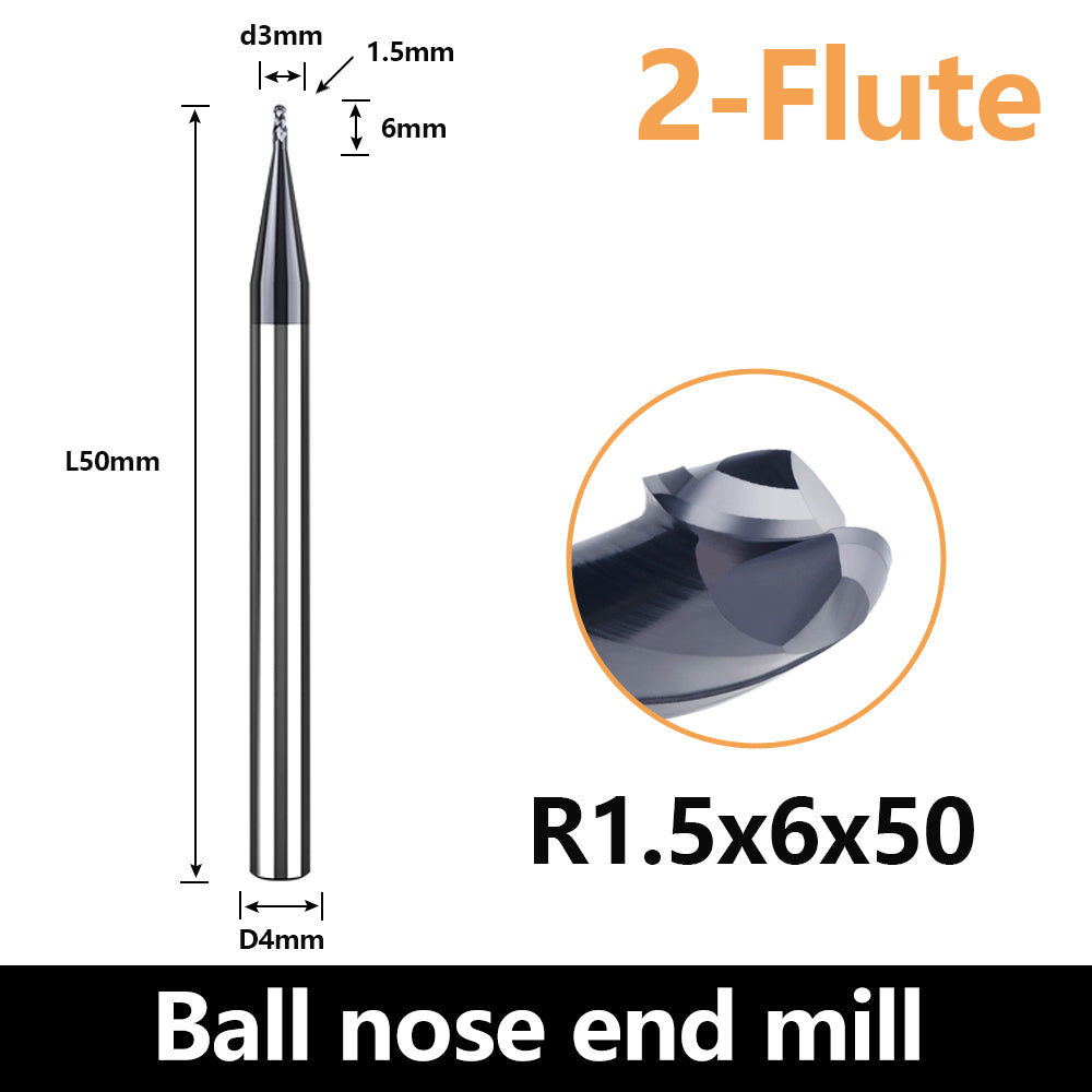 HRC60 Carbide Ball Nose End Mills-2 Flute TISIN Coated,For Milling Alloy Steels, Hardened Steel, Metal etc.size R1.5x50mm