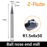 HRC60 Carbide Ball Nose End Mills-2 Flute TISIN Coated,For Milling Alloy Steels, Hardened Steel, Metal etc.size R1.5x50mm