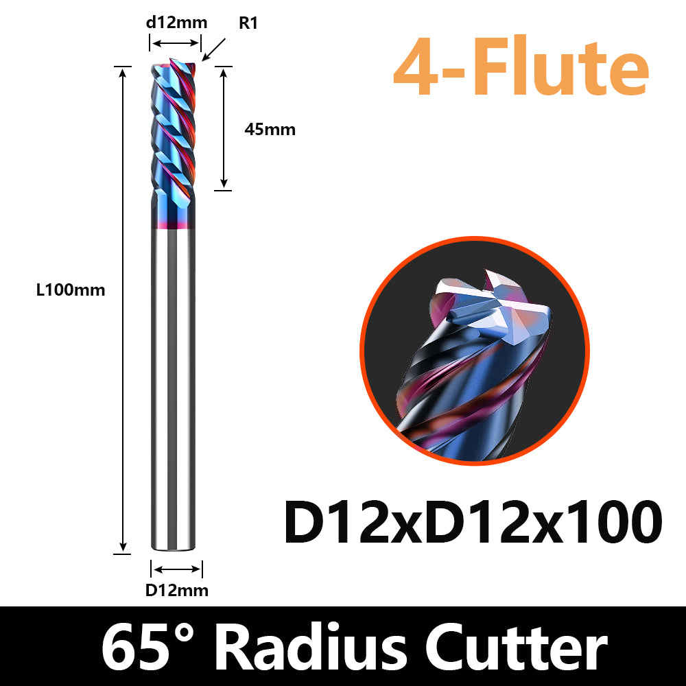 HRC65 Carbide Corner Radius End Mill 4 Flute TiAlSiN for Alloy Steel,Cast Iorn,Cooper Alloy etc. (D12R1*100mm)