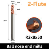 HRC55 Carbide Ball Nose End Mills-2 Flute TISIN Coated,For Milling Alloy Steels, Hardened Steel, Metal etc.size R2x50mm