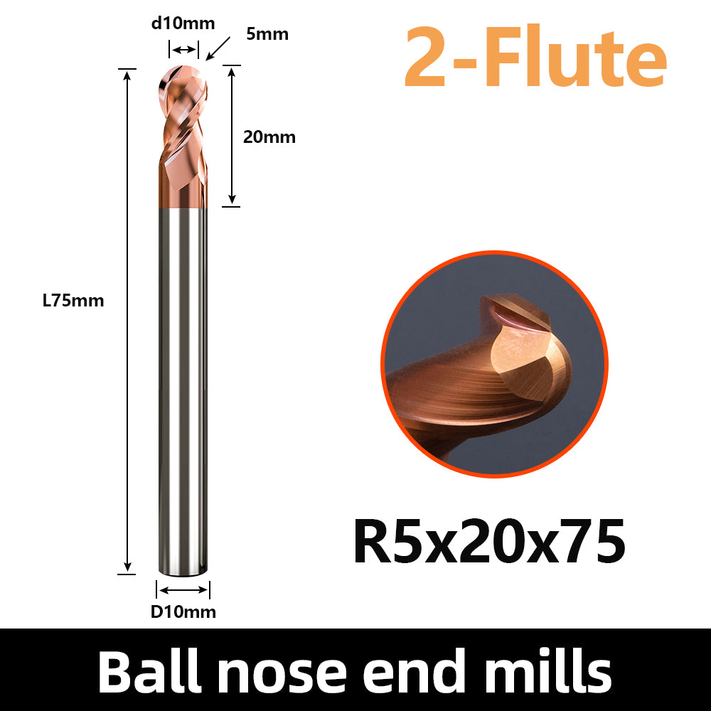 HRC55 Carbide Ball Nose End Mills-2 Flute TISIN Coated,For Milling Alloy Steels, Hardened Steel, Metal etc.size R5x75mm