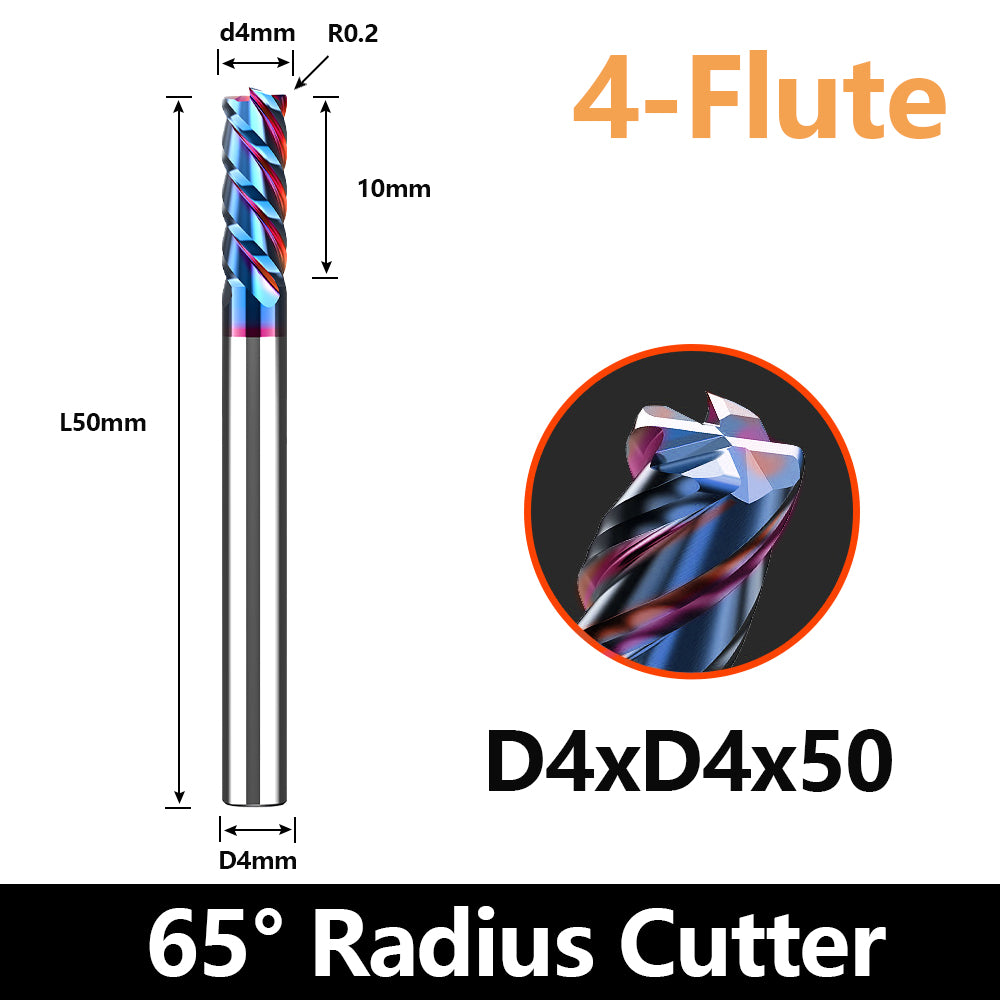 HRC65 Carbide Corner Radius End Mill 4 Flute TiAlSiN for Alloy Steel,Cast Iorn,Cooper Alloy etc. (D4R0.2*D4*50mm)