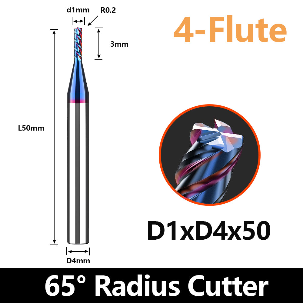 HRC65 Carbide Corner Radius End Mill 4 Flute TiAlSiN for Alloy Steel,Cast Iorn,Cooper Alloy etc. (D1R0.2*D4*50mm)