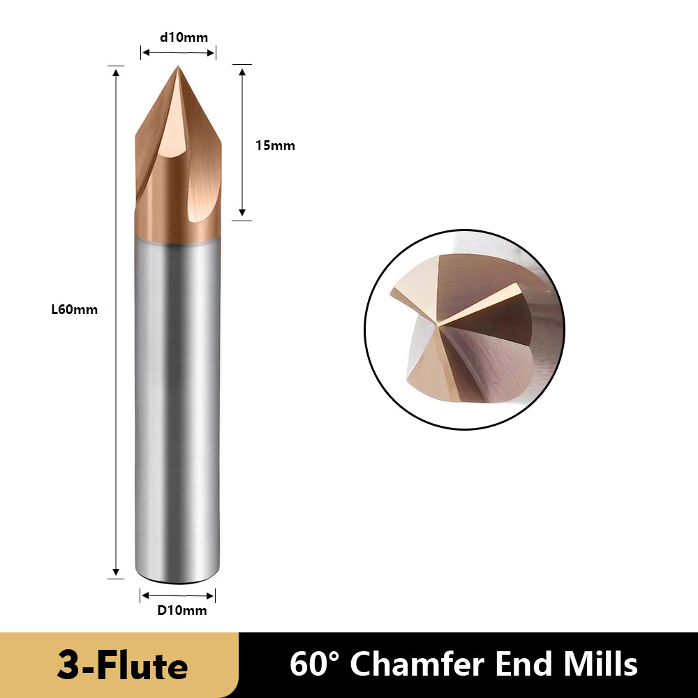 Carbide Chamfer End Mills 3 Flute TiSiN Coating V Groove  for Different Material Like Steel Copper Alloy. (D10*60L*3F*60°)