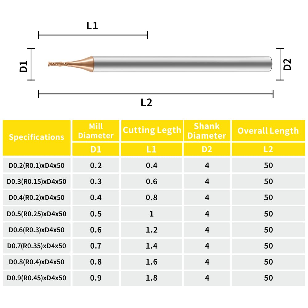 Carbide 2 Flutes Micro Carbide Flat End Mills HRC 60 TiSiN coating.