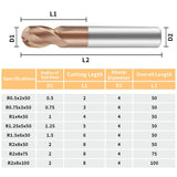 HRC55 Carbide Ball Nose End Mills-2 Flute TISIN Coated,For Milling Alloy Steels, Hardened Steel, Metal etc.size R0.5x50mm
