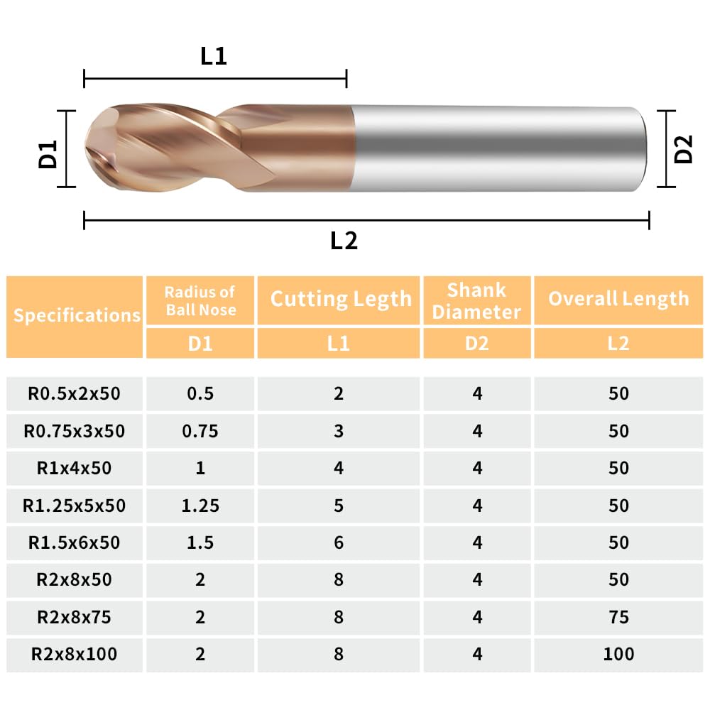 HRC55 Carbide Ball Nose End Mills-2 Flute TISIN Coated,For Milling Alloy Steels, Hardened Steel, Metal etc.size R7x150mm
