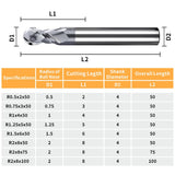 （R0.5-R6）HRC60 Carbide Ball Nose End Mills-2 Flute TISIN Coated,For Milling Alloy Steels, Hardened Steel, Metal etc.size